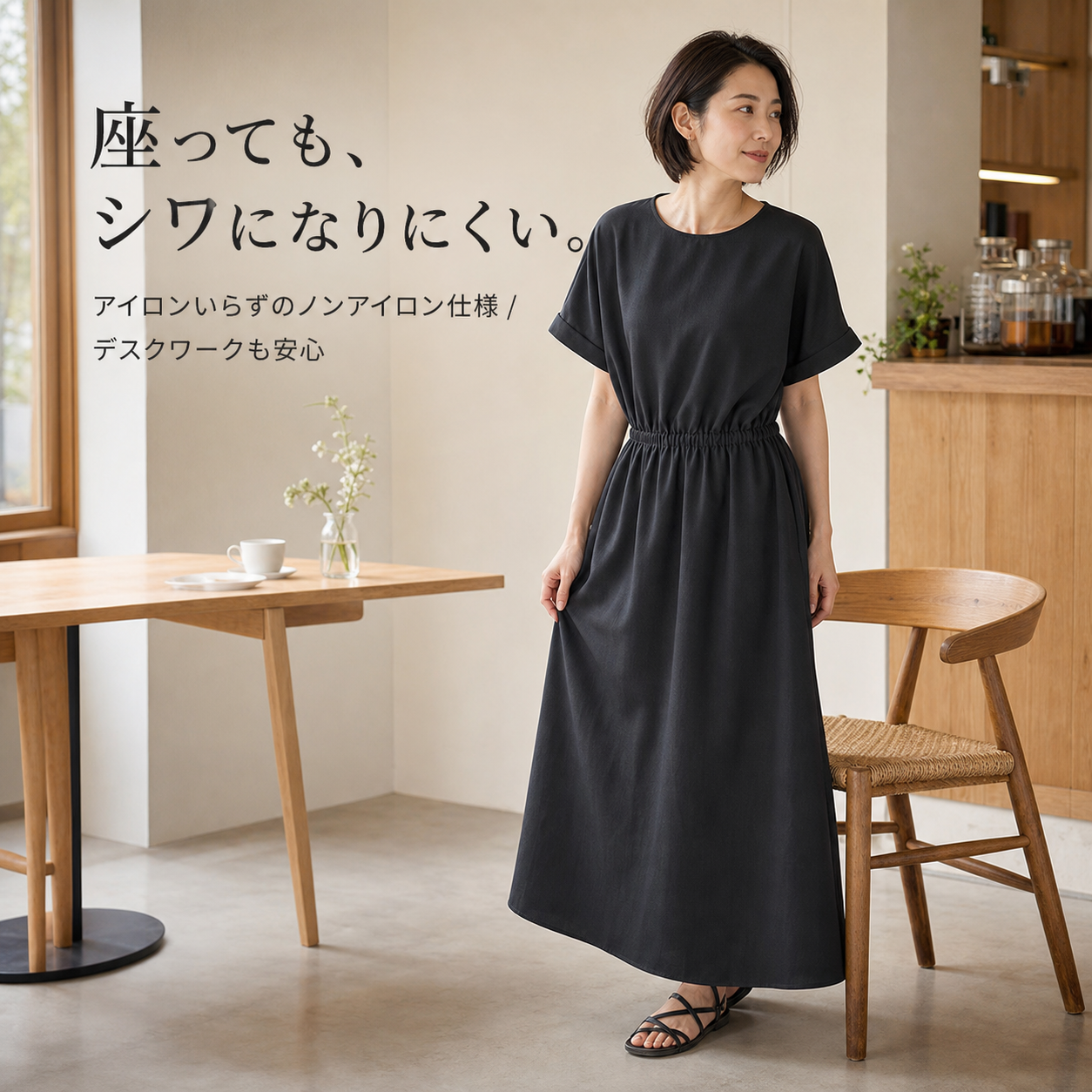 シンプル万能 夏 丸首ギャザー半袖ミディアムワンピース レディース