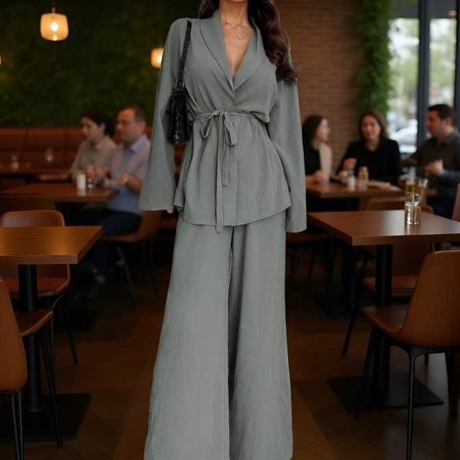 طقم عصري مع ياقة على شكل V ورباط عند الخصر