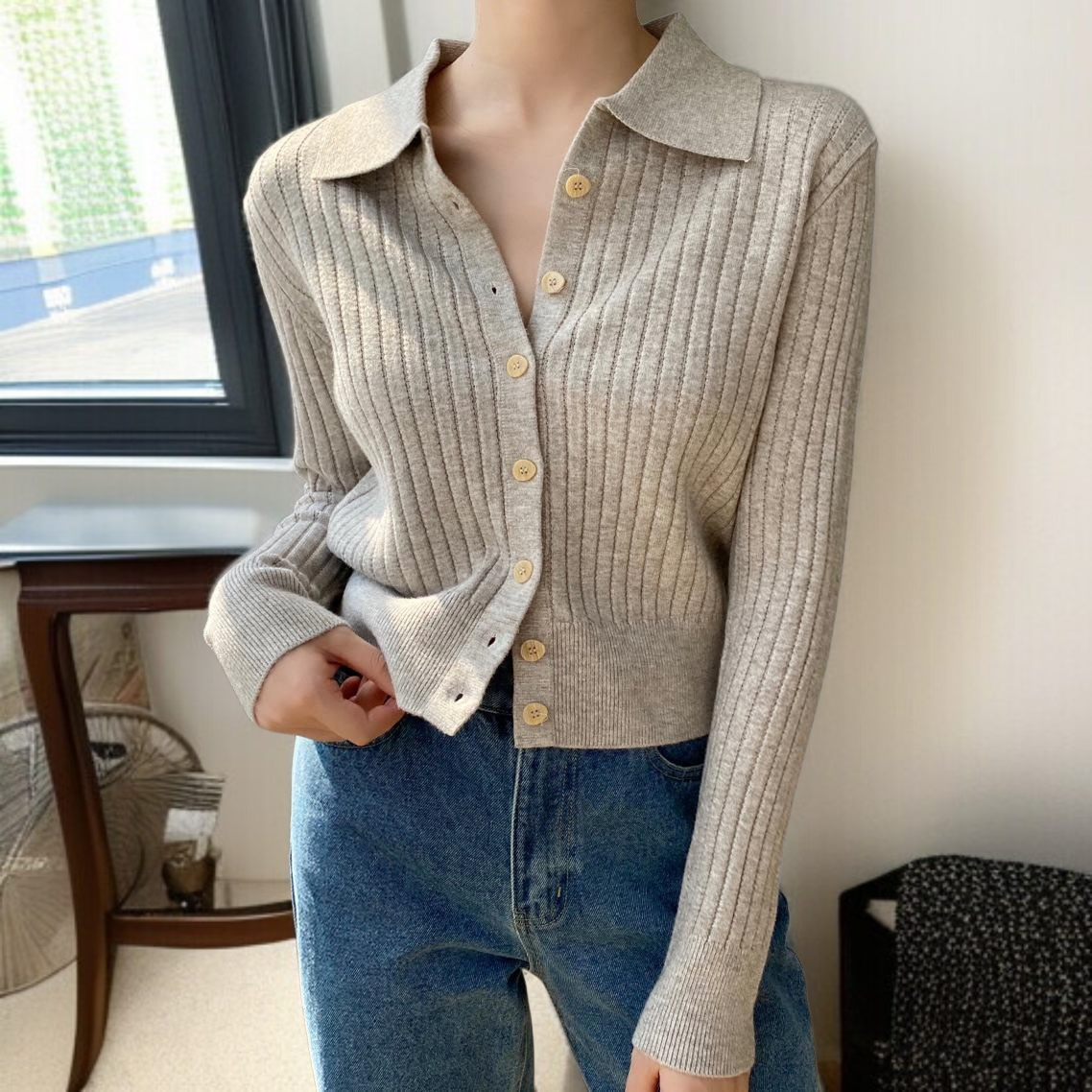 여자 긴팔 니트녀 카디건 위에 출퇴근 상의 문예 긴팔 니트녀