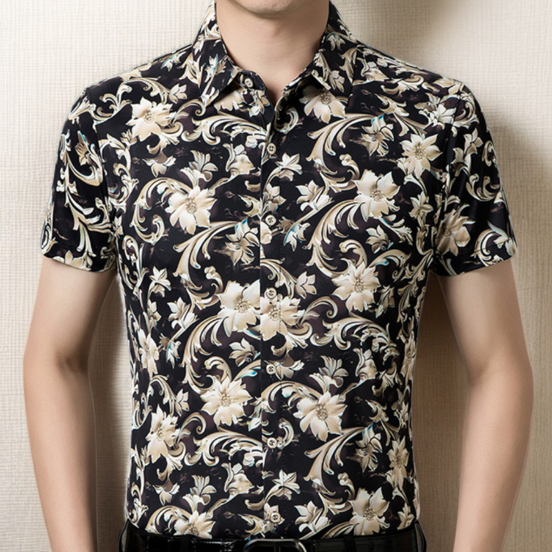 Camisa floral de manga corta de seda helada, no requiere planchado.