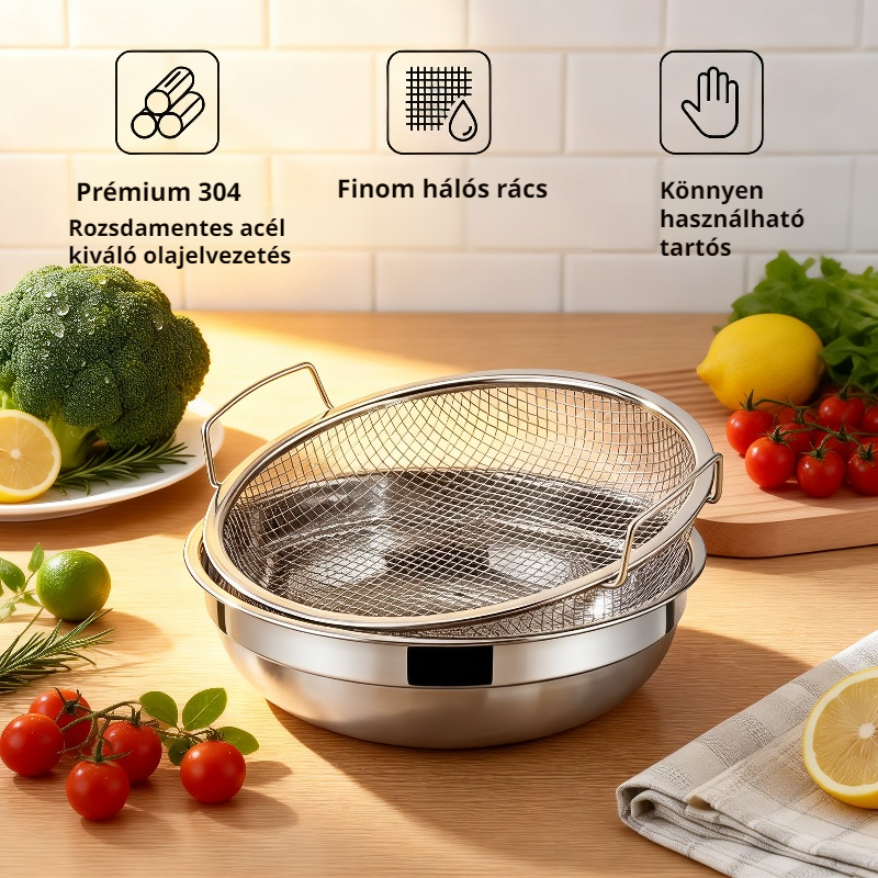 Konyhai kétfülű rozsdamentes acél olajcsepegtető tálca, háztartási olajszűrő tálca