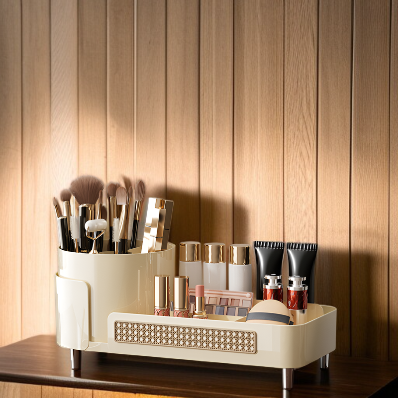 化粧品収納ボックス、ハイエンドデスクトップ、回転可能なグリッドペンホルダー、ドレッシングテーブル、大容量、多機能メイクボックス