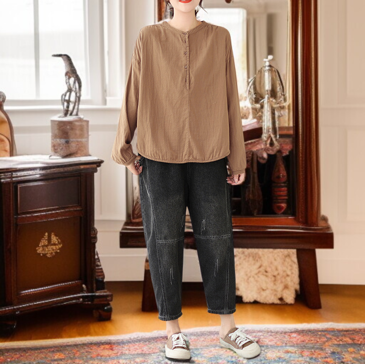 여성 면 마 셔츠 주름 디테일