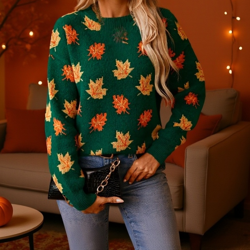 レディース メープルリーフ柄 ジャカード カジュアル プルオーバー ニット セーター