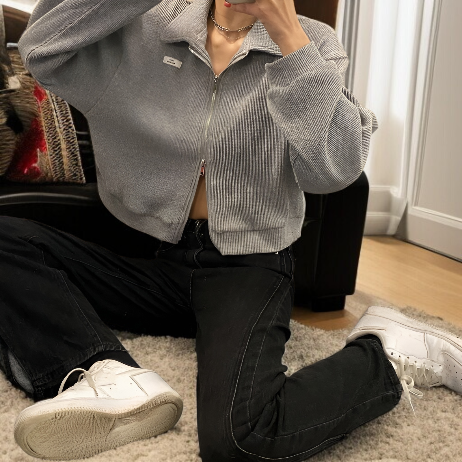 女性用ジッパー付きスポーツワッフルジャケット、春と秋のスタイル、万能カーディガン、学生向けの新しいスタイル、ショートトップス