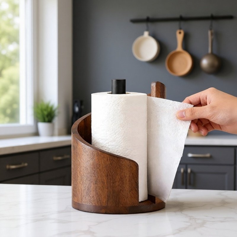 Modern round wooden tissue dispenser in minimalist setting