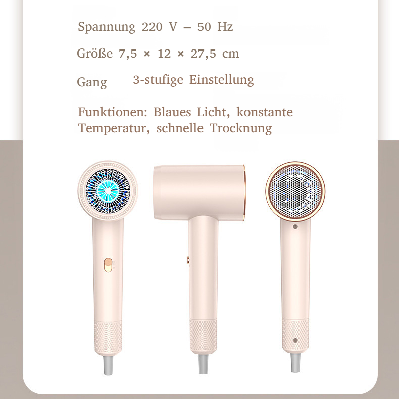 Haarschonender Föhn mit konstanter Temperatur und blauem Licht, schnelles Trocknen