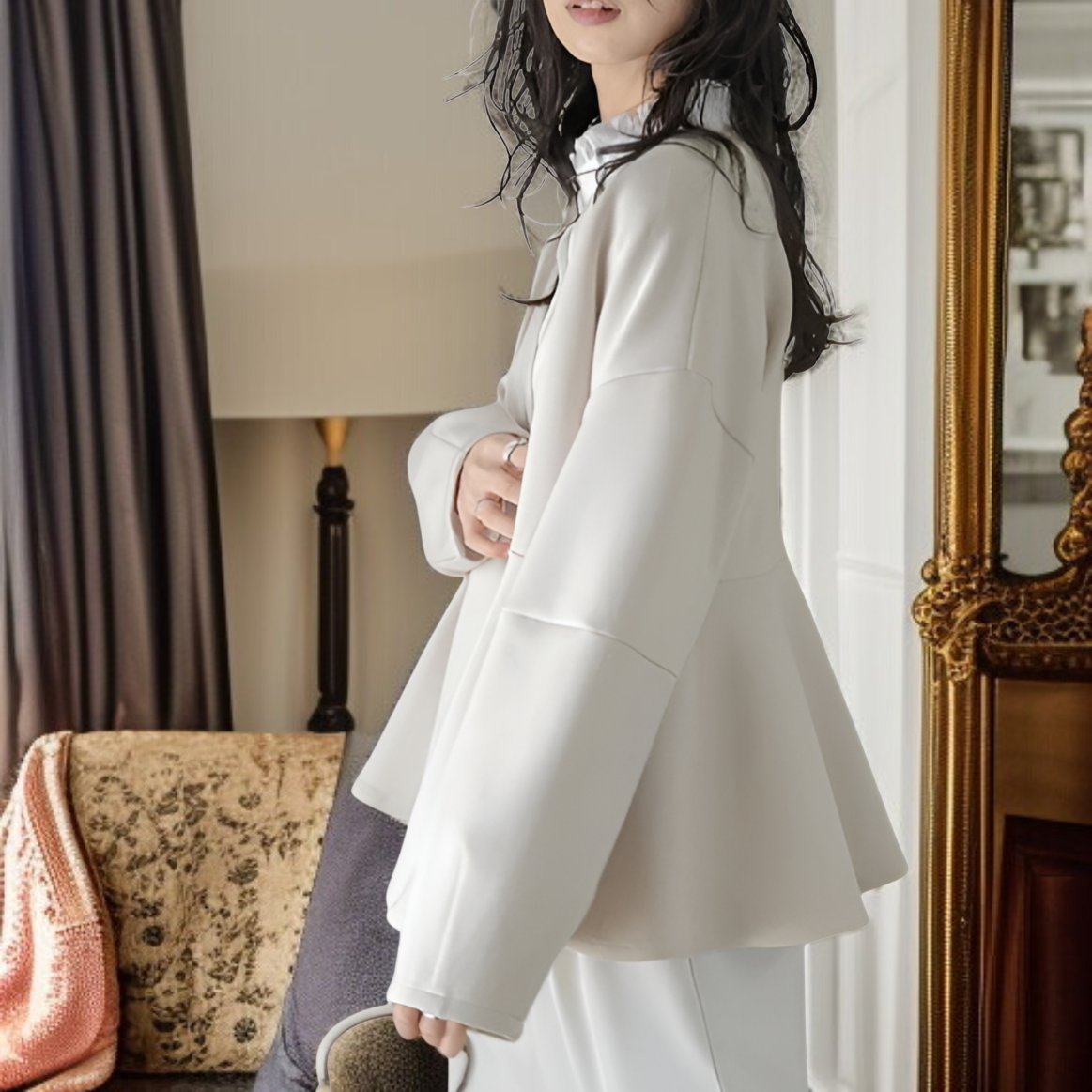 柔らかく快適なVネックフレアペプラムジャケット ハイウエスト細見せレディースブレザー