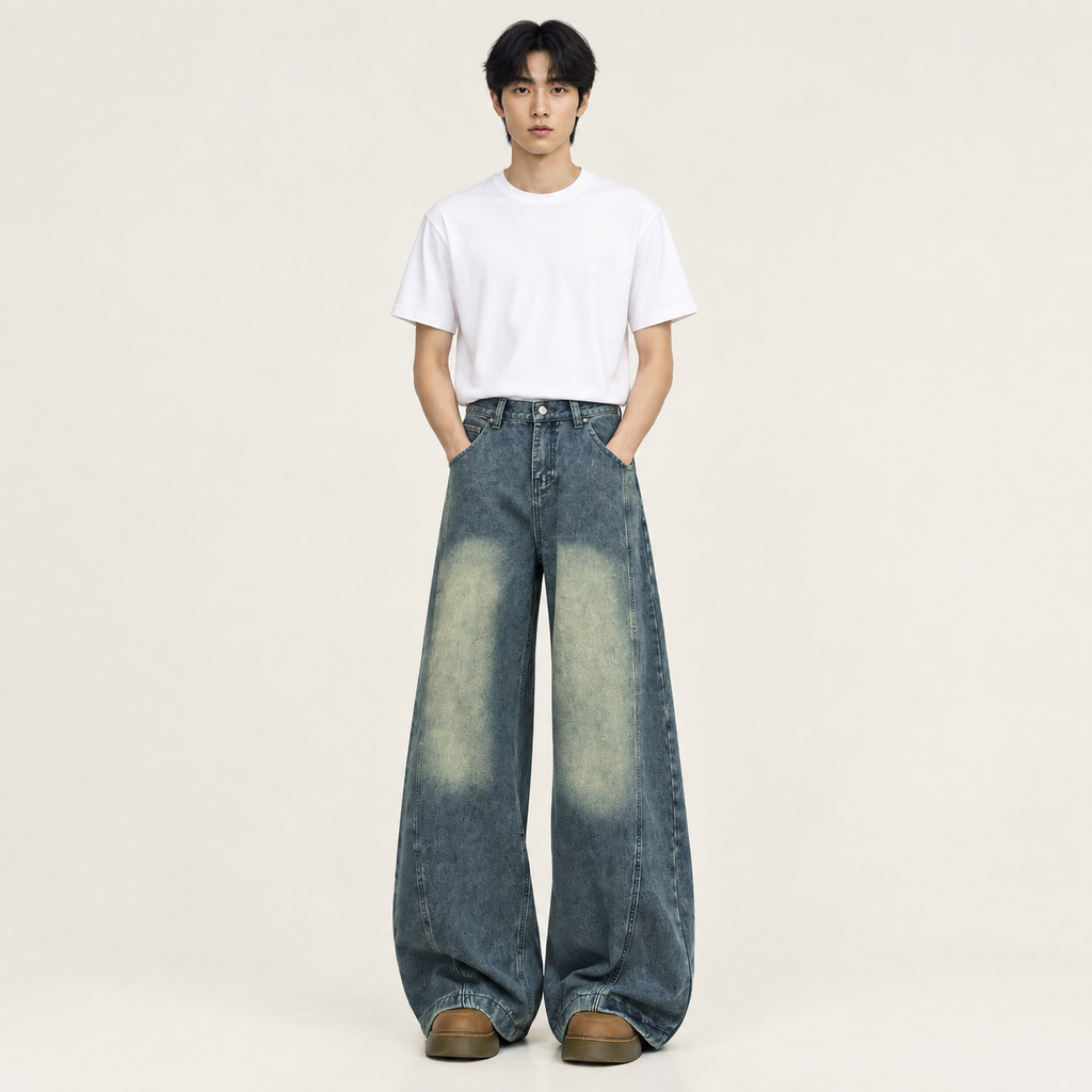 복고풍 워싱 해체 디자인 청바지 남성 봄가을 와이드 팬츠