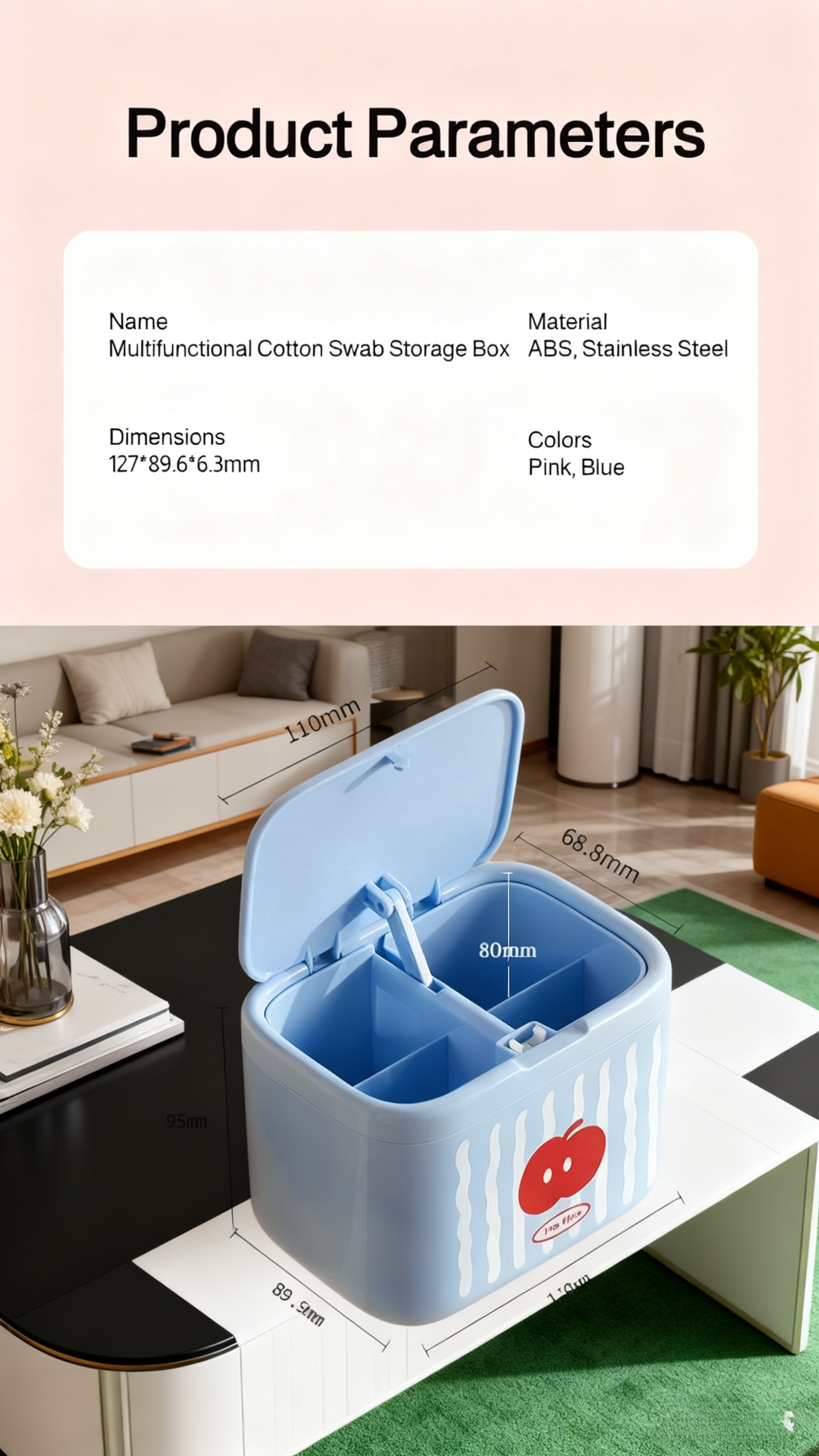 Easy access cotton swab dispenser in vanity area