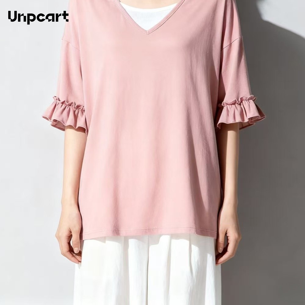 핑크색 V넥 러플 미드슬리브 탑