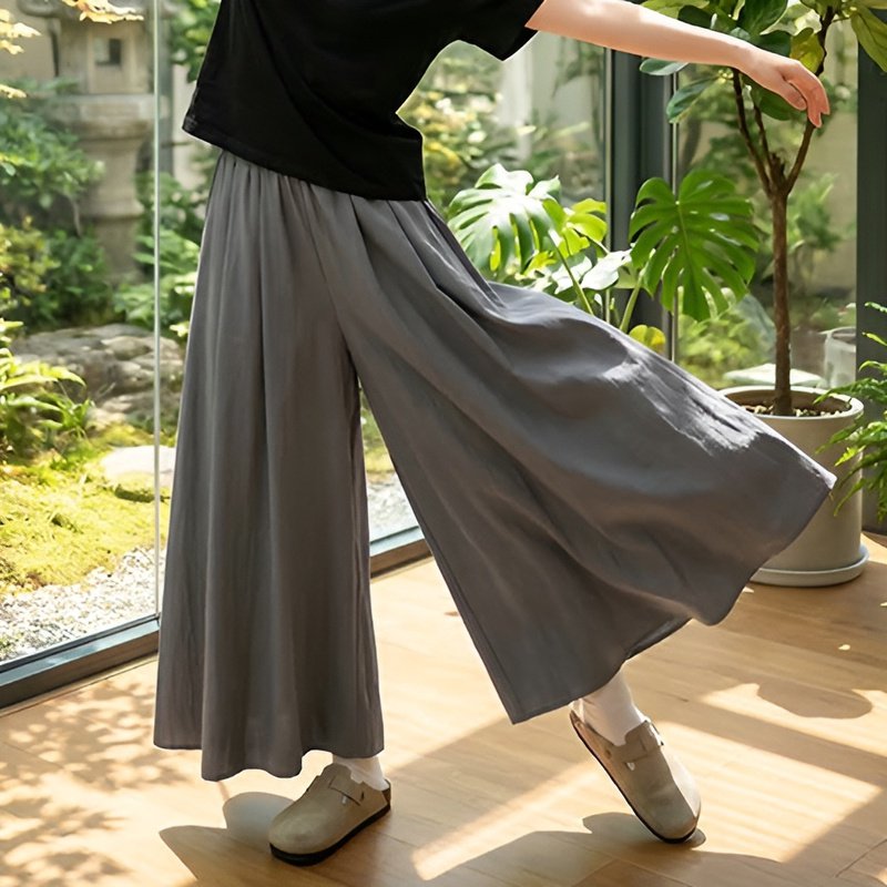 夏のゆったりハイウエストワイドスカートパンツ