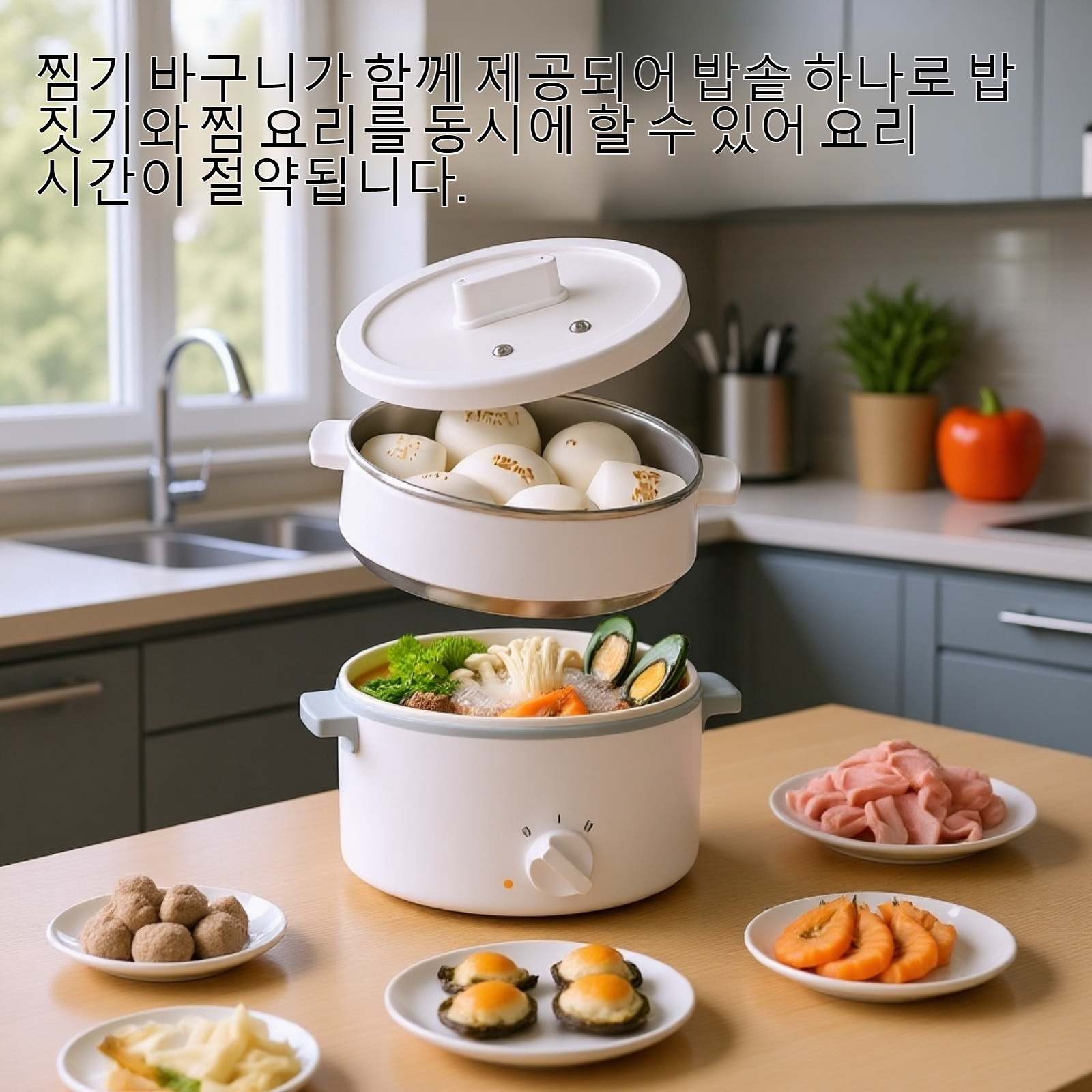찜기 바구니가 있는 전기밥솥