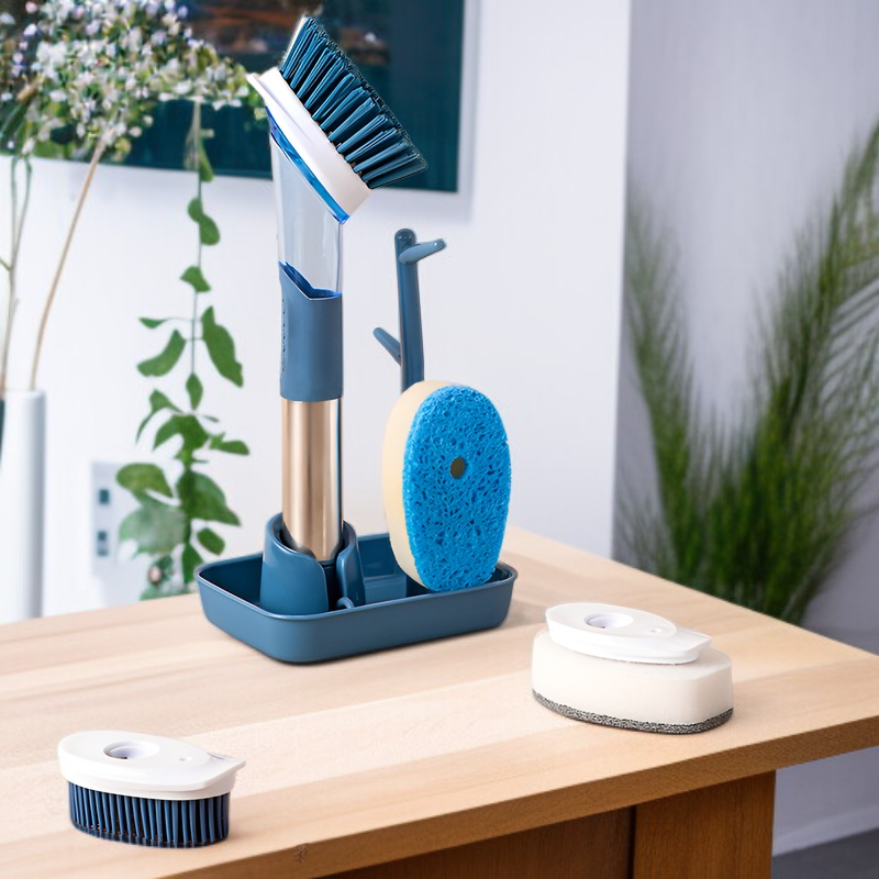 家庭用フォーインワン長柄キッチン食器用洗剤自動液体ポットブラシスポンジナイロン交換用プッシュ式ポットブラシ