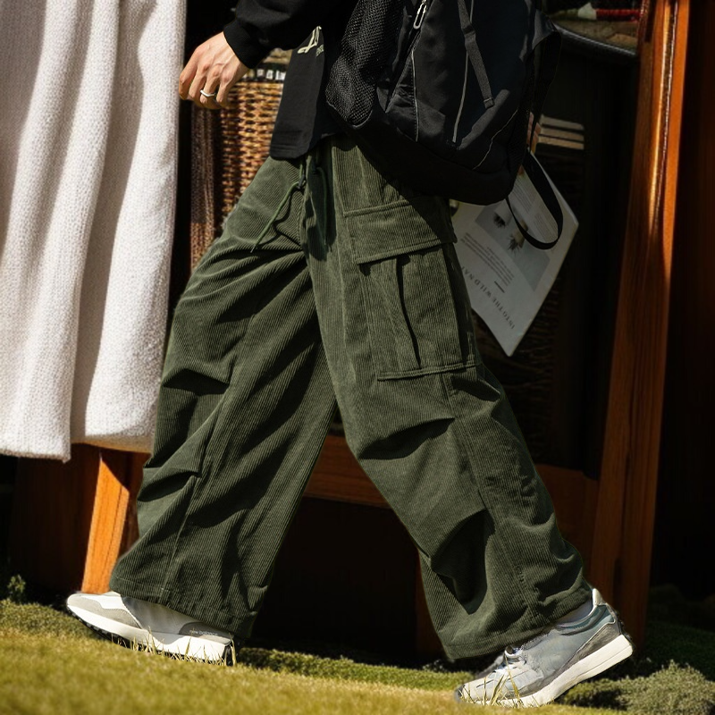 カップル秋冬コーデュロイストレートワイドパンツパンツメンズカジュアルワークパンツアーミーグリーンワイドパンツ