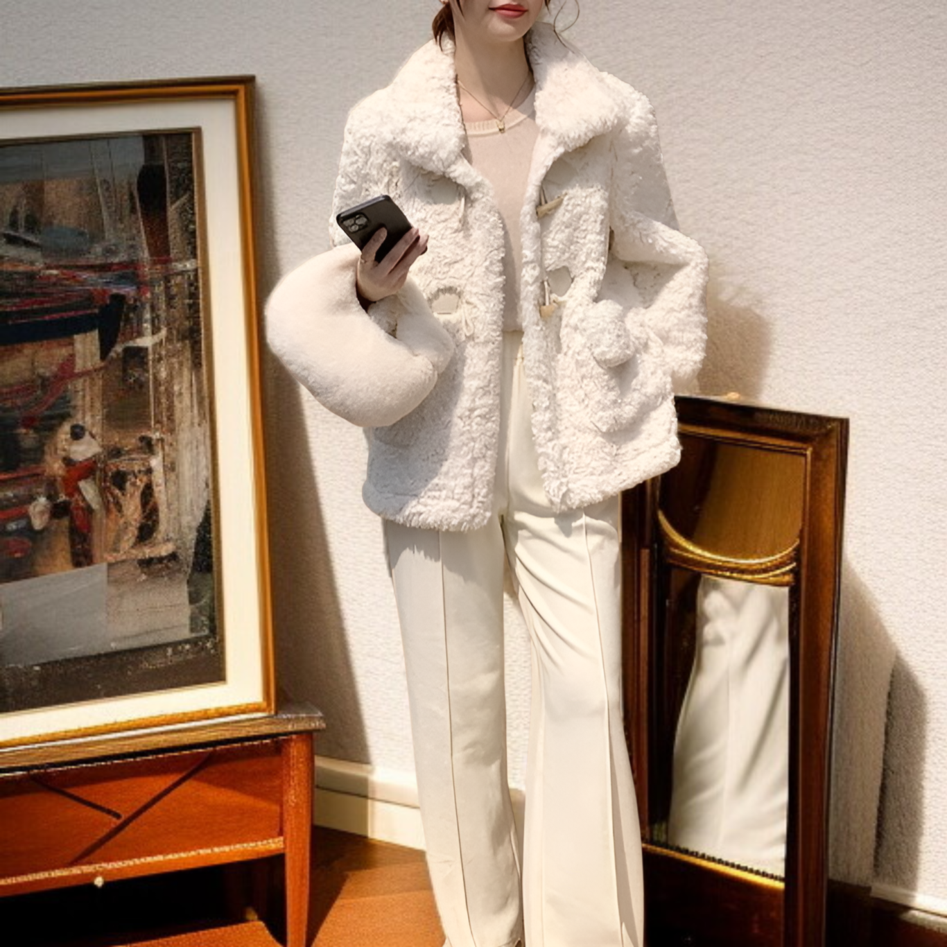 羊羔毛一体型ダッフルコート レディース 防風 保温 フェイクレザー 秋冬厚手アウター