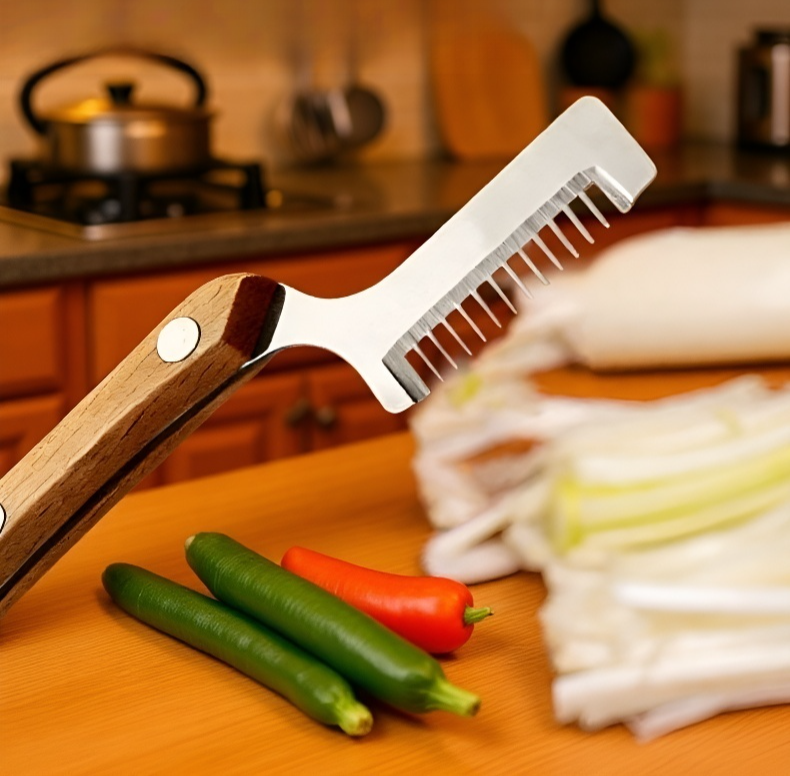 Durable rust resistant scallion cutter in use