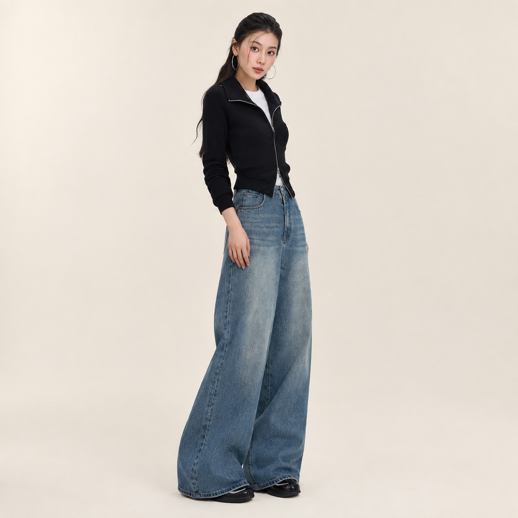 봄가을 무허리 디자인 A라인 루즈핏 와이드 데님 팬츠 여성용