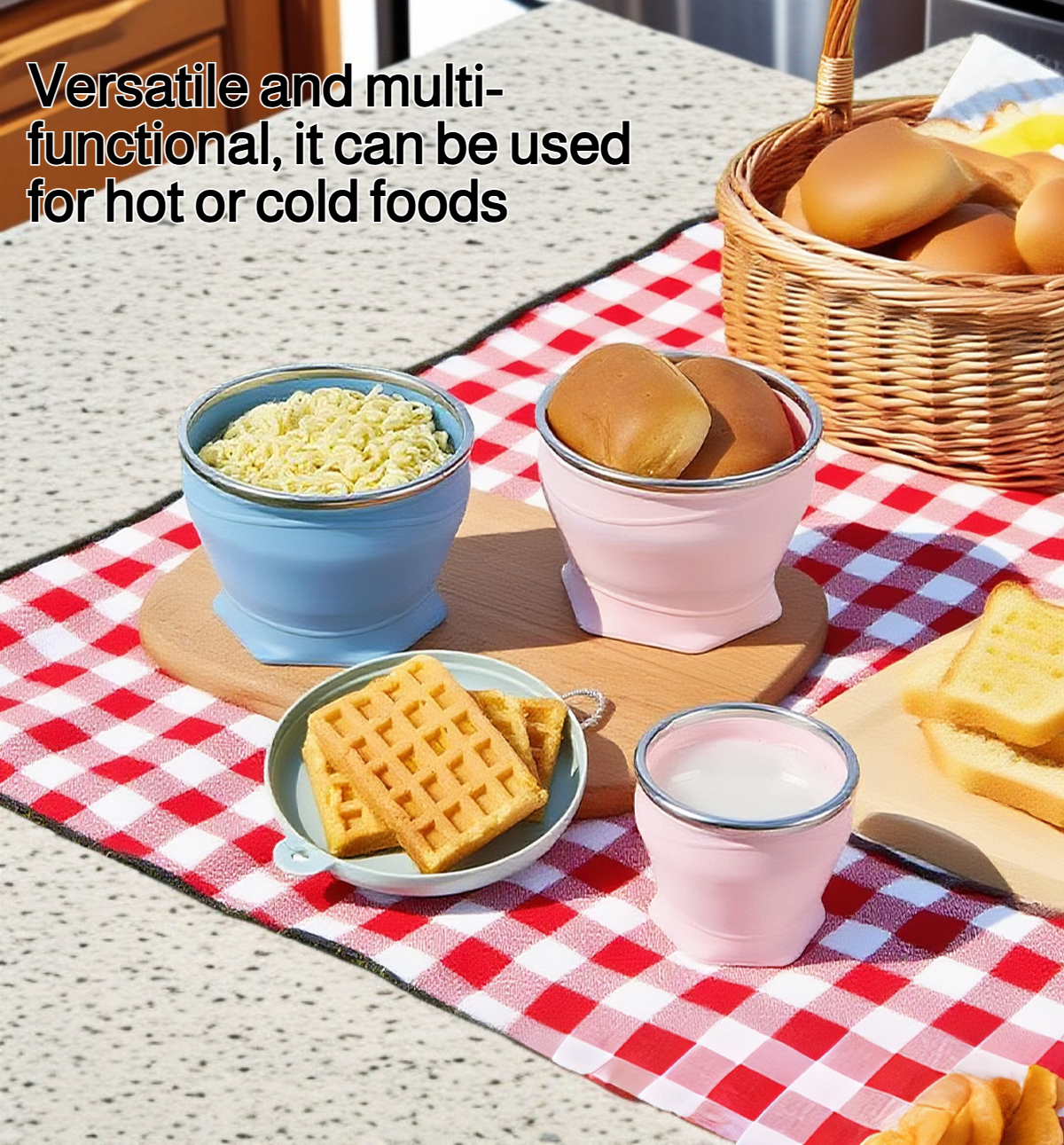 Collapsible travel bowl folded for easy storage