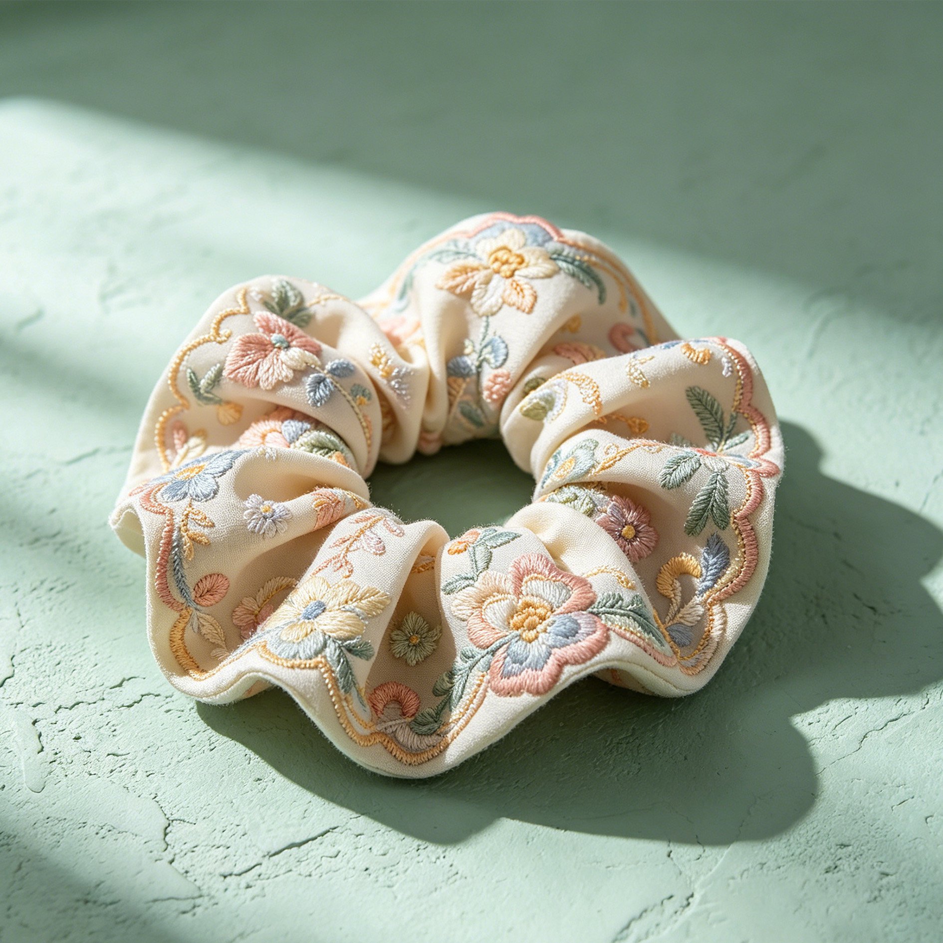 Close-up of detailed embroidery on fabric hair tie