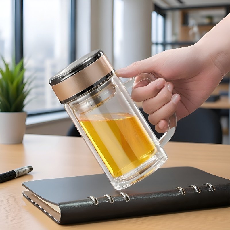 Taza de agua hecha a mano de vidrio de doble pared