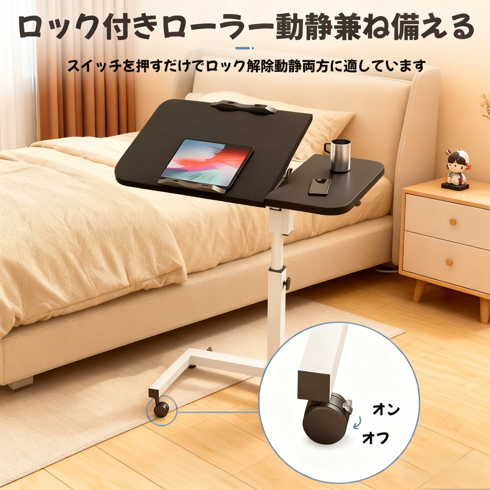 折りたたみ式パソコンデスクスタンド、簡単昇降、移動可能なベッドサイドテーブル