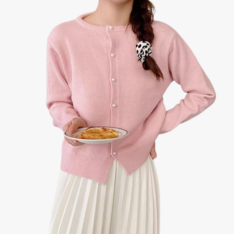 여성 니트 가디건 긴팔 솔리드 상의 진주 버클 여성 봄가을 라운드 니트 가디건 부드러운 니트 코트