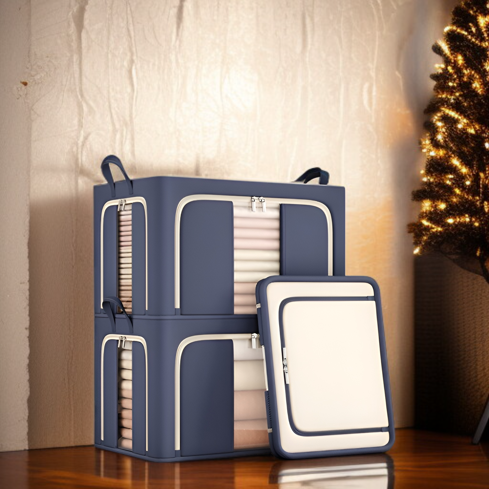 収納ボックス 折りたたみ 衣装ケース 【天面・前面・側面 3方向開閉】 鉄骨フレーム スタッキング 布団収納ケース 衣類 整頓ボックス 中身が見える窓付き 大容量 防塵 防湿 耐荷重 66L/100L