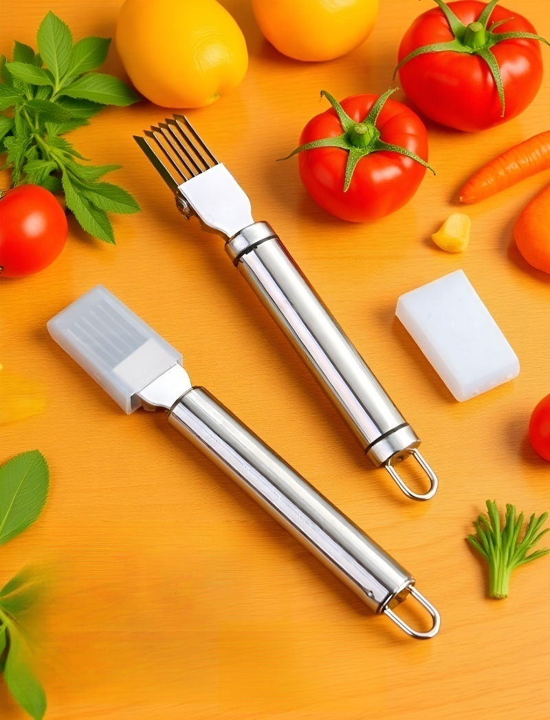 Stainless steel onion slicer cutting onions in kitchen