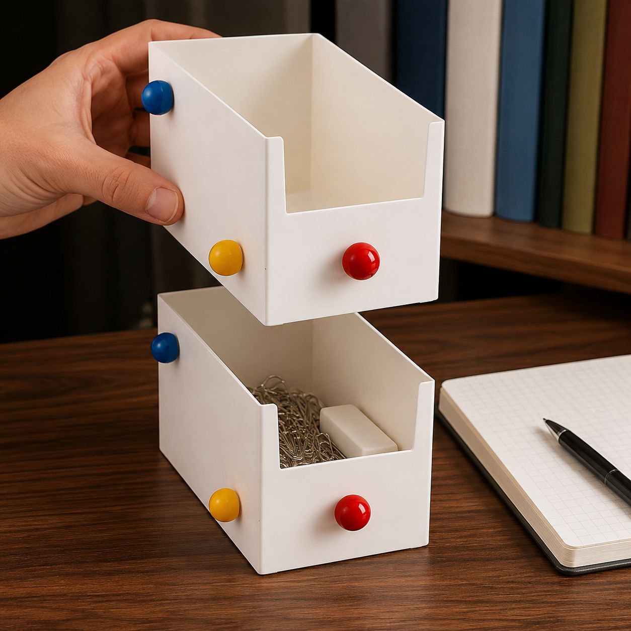 Office supplies neatly stored in multi-layer storage box