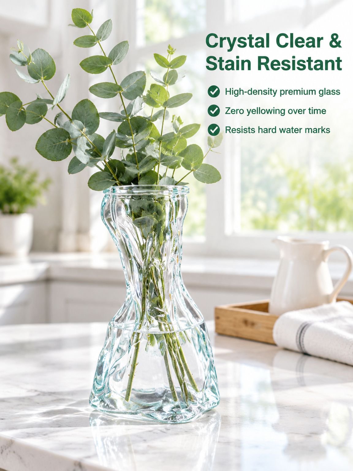 Clear coin bag shape vase displayed with fresh flowers