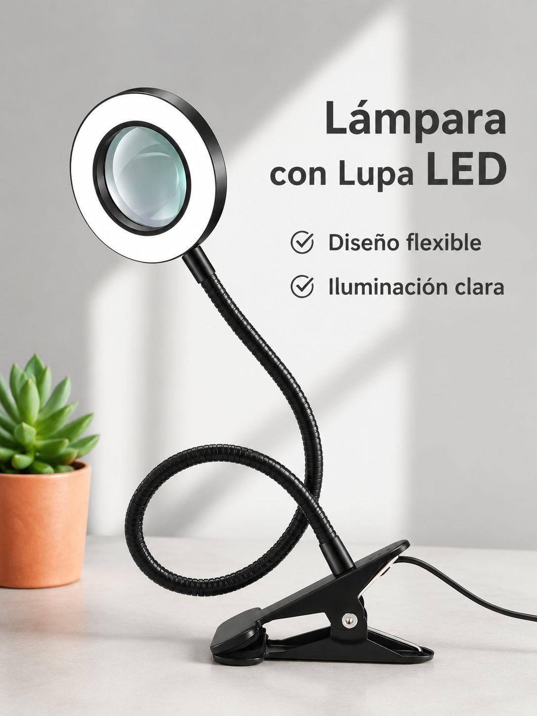Lámpara de aumento 10x con soporte y luz LED, ideal para lectura y trabajo