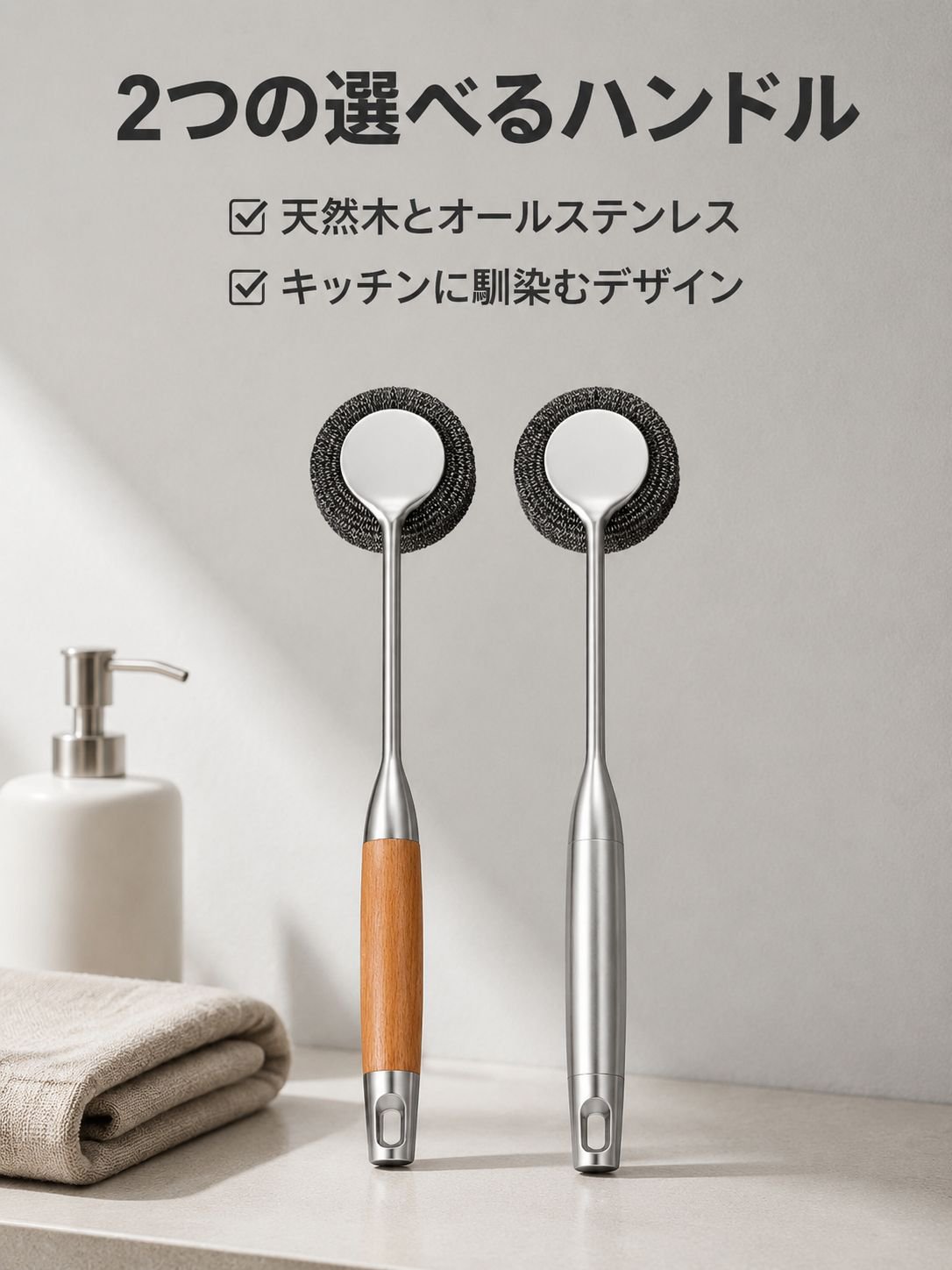 キッチン用ステンレススチールたわし 長柄クリーニングブラシ