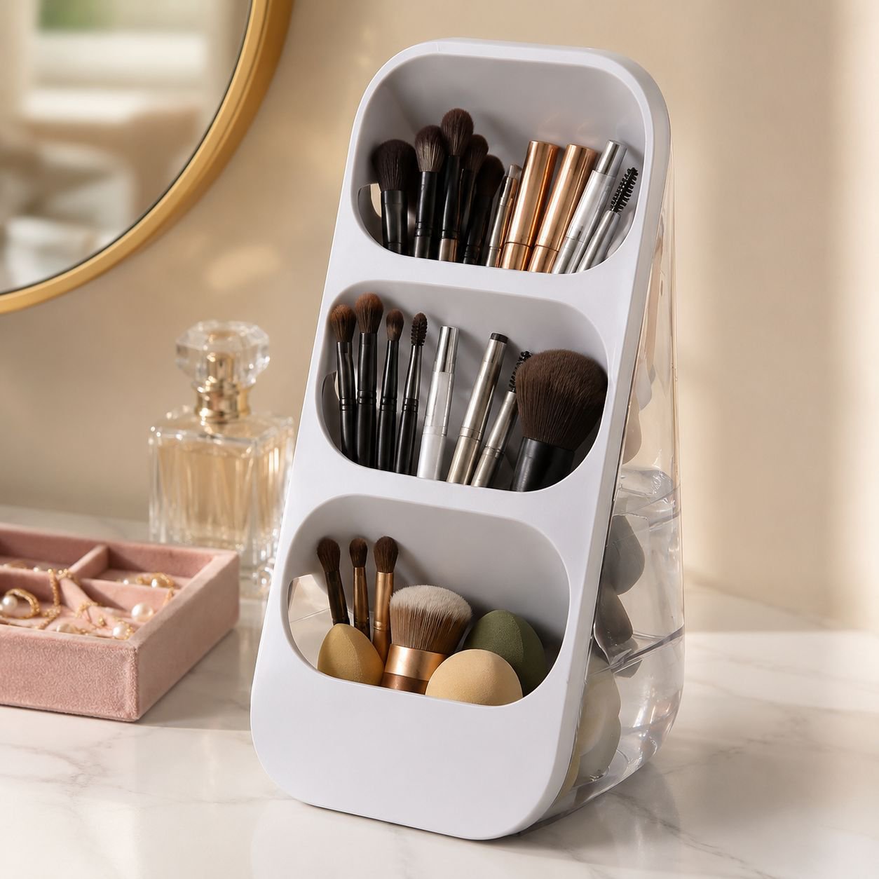 Side angle of minimalist office storage box in workspace