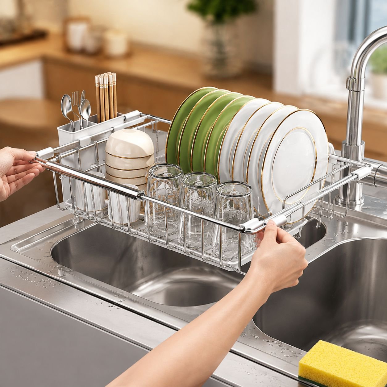 Kitchen Sink Dish Storage Rack Stainless Steel Drain Basket Retractable