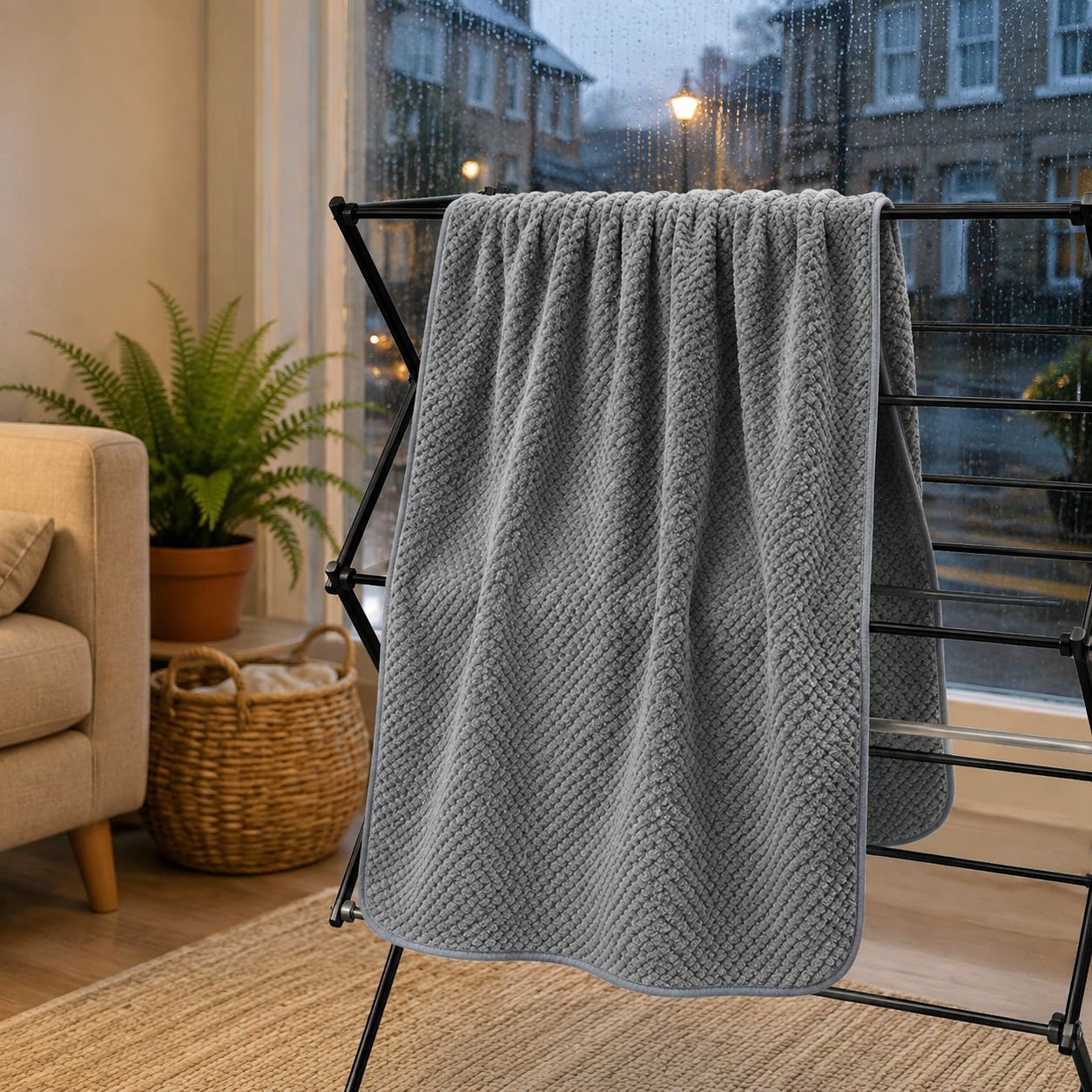 Lint-free adult body wrap towel displayed on a hanger