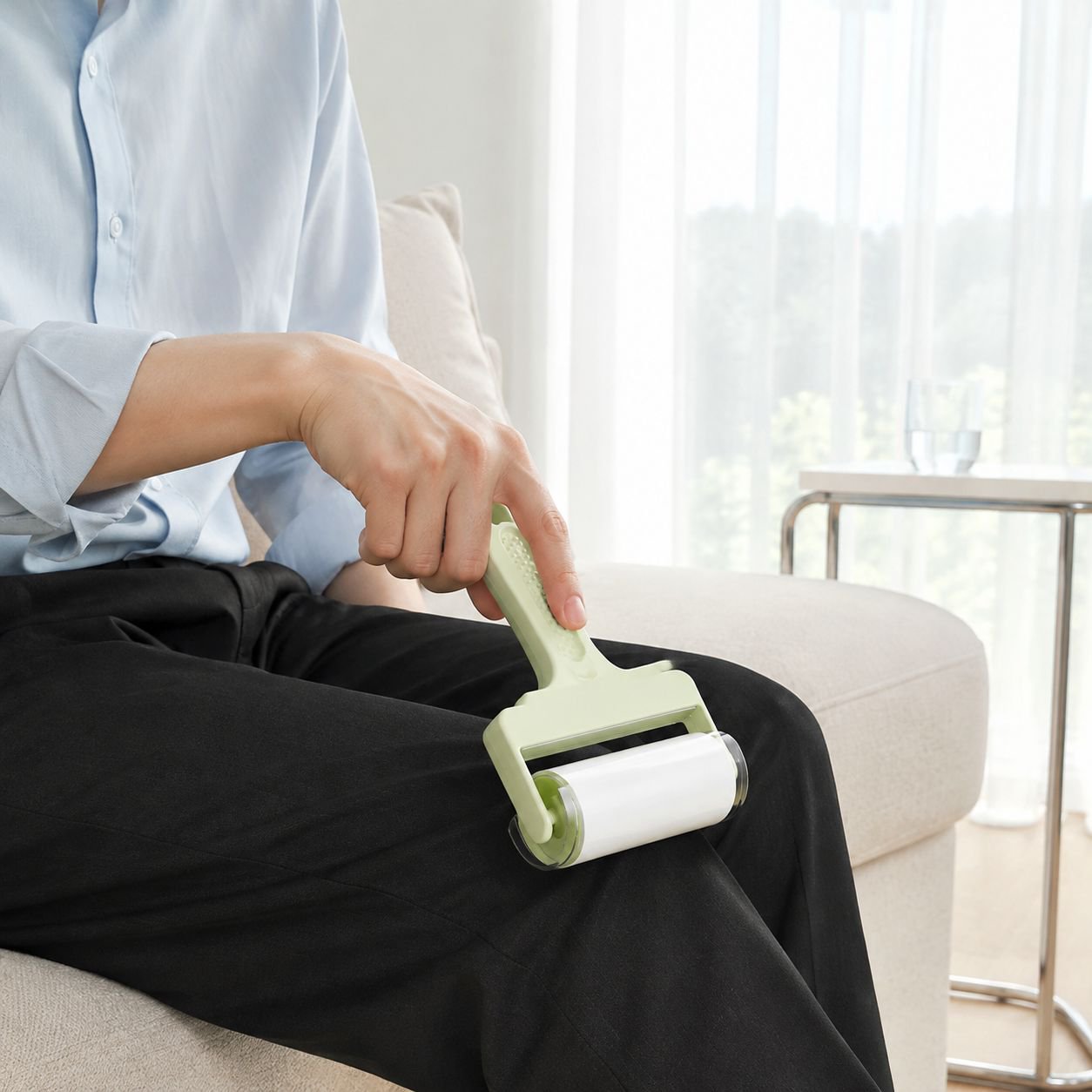 Easy-to-clean washable lint roller in use