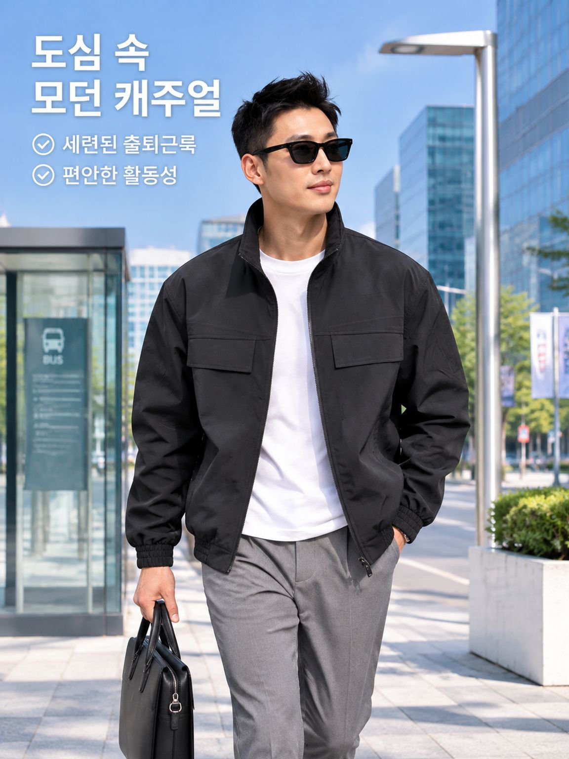 카키색 워크웨어 스탠드 칼라 배색 재킷