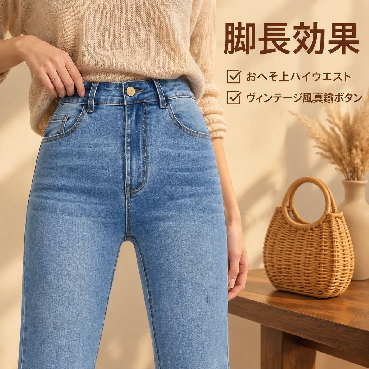ハイウエストストレートスリムレディースライトブルージーンズ