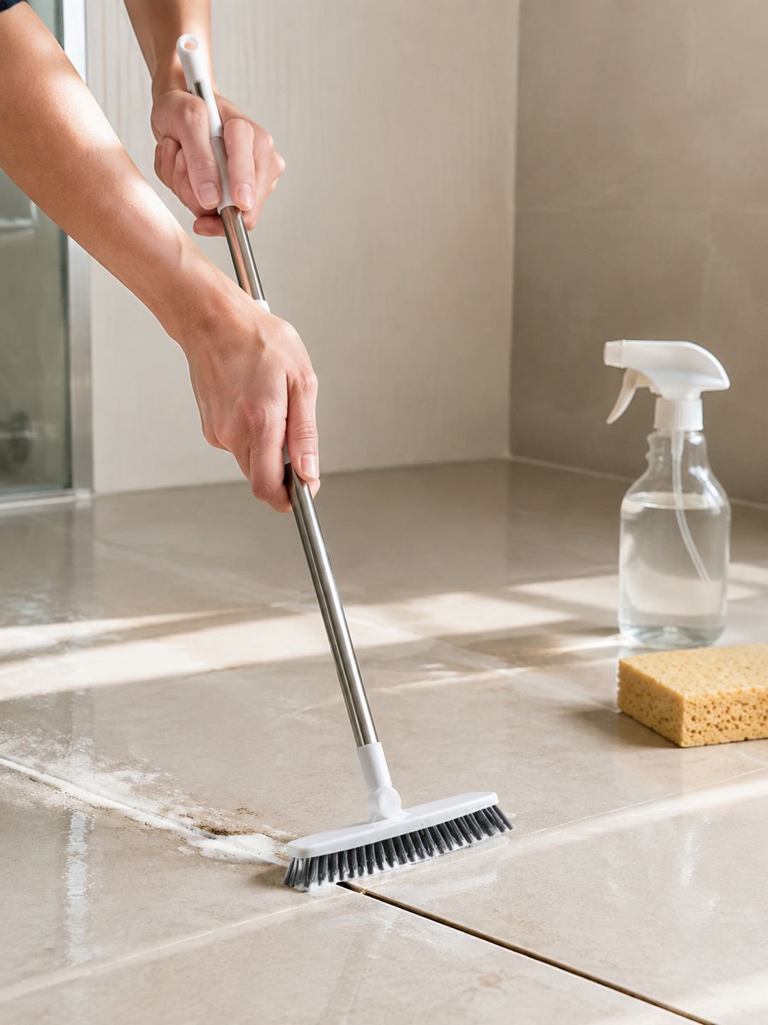 Cepillo limpiando rincones difíciles del baño
