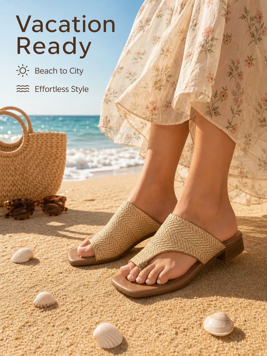 Women's French Woven Chunky Heel Sandals, Summer Versatile Beach Slippers