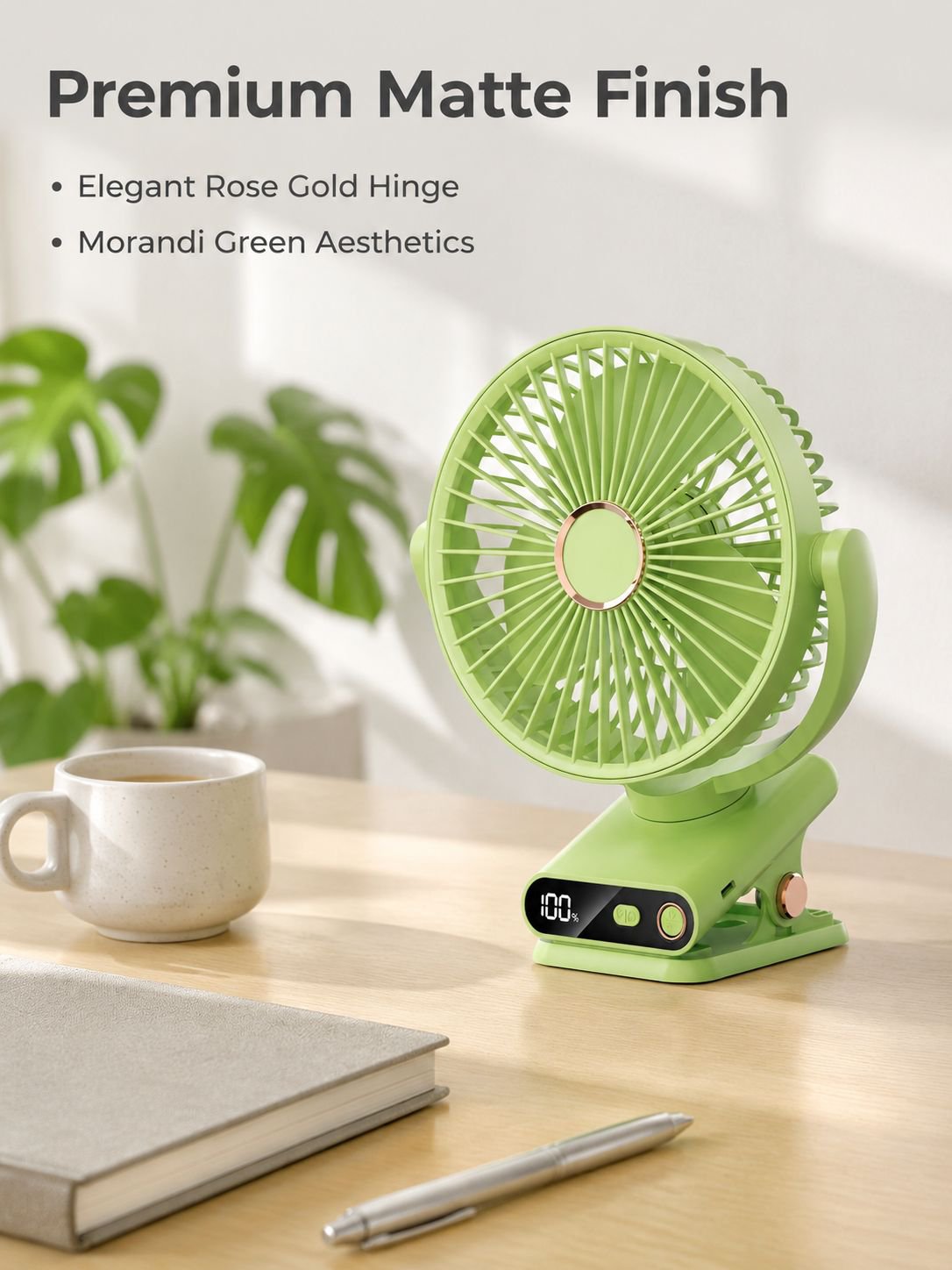 Desktop clip-on fan with automatic oscillation, USB charging, digital display, silent night light, p
