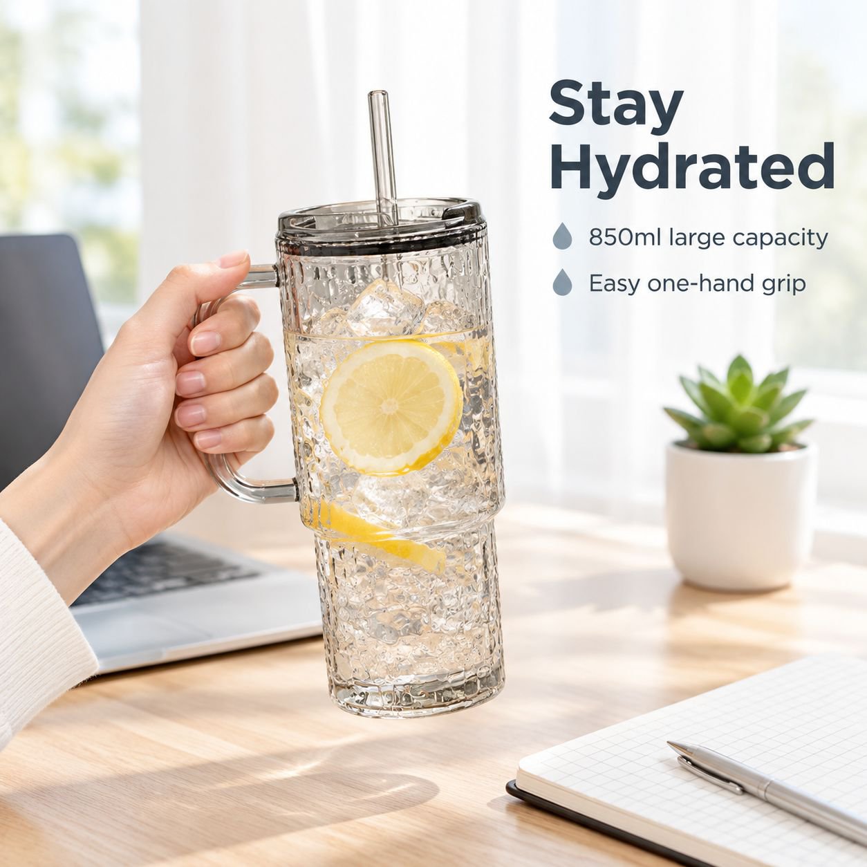 Portable Large Glass Cup with Straw and Handle