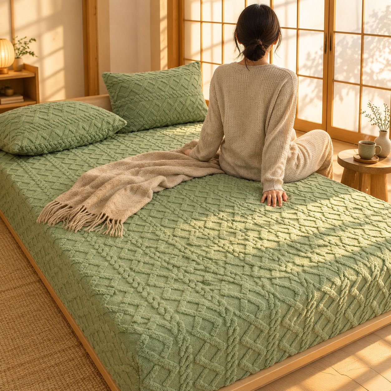 厚みのあるフリース素材で仕立てたベッド用カバー