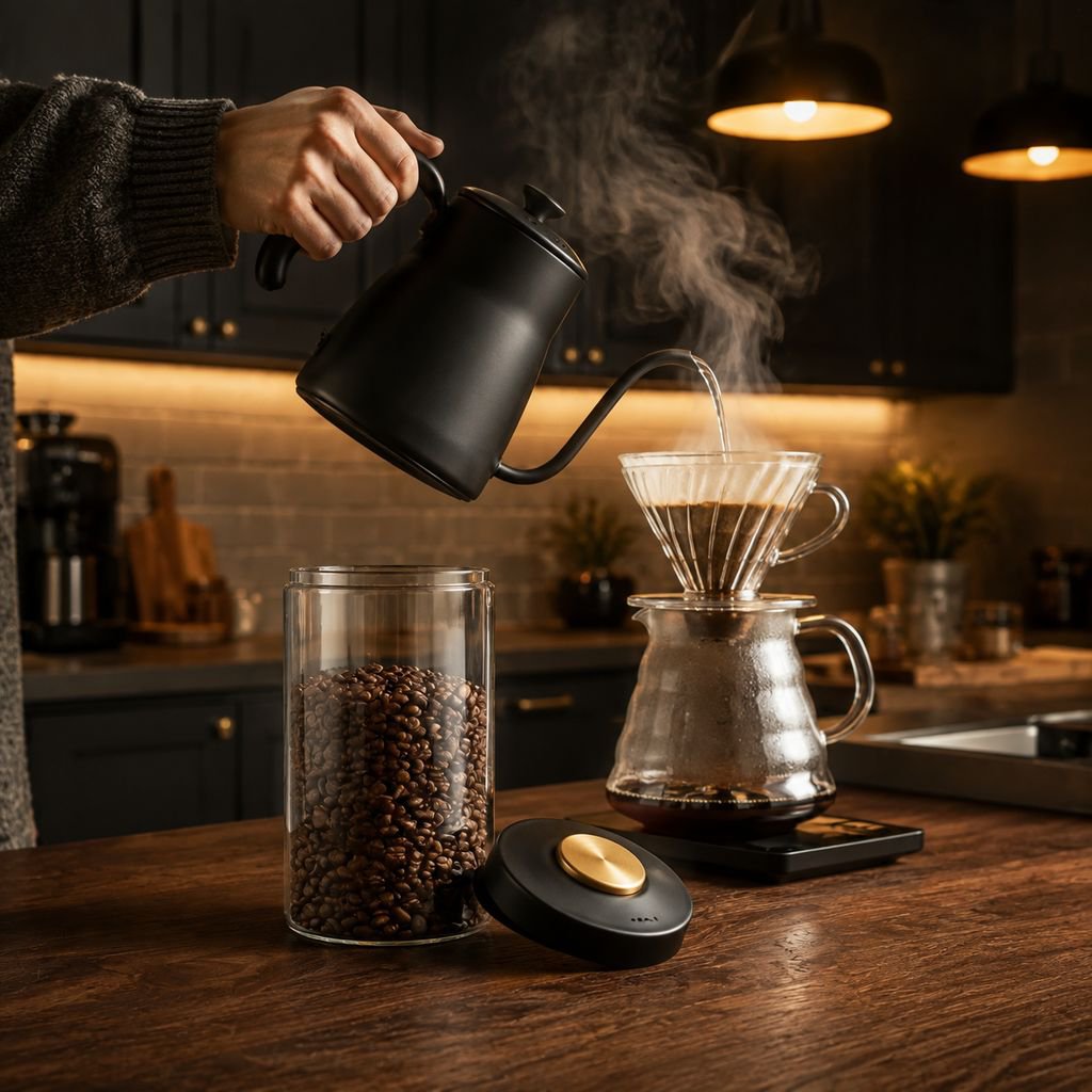 Airtight glass container for coffee bean storage