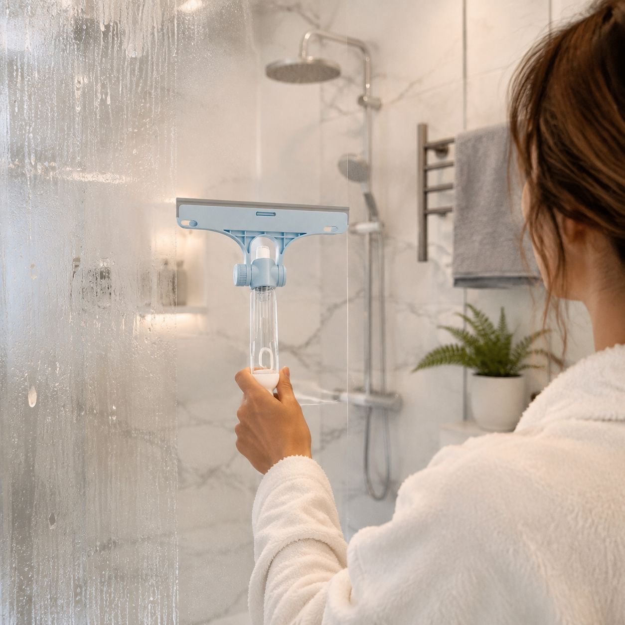 Mopa ergonómica con raspador y botella de spray para limpieza del hogar