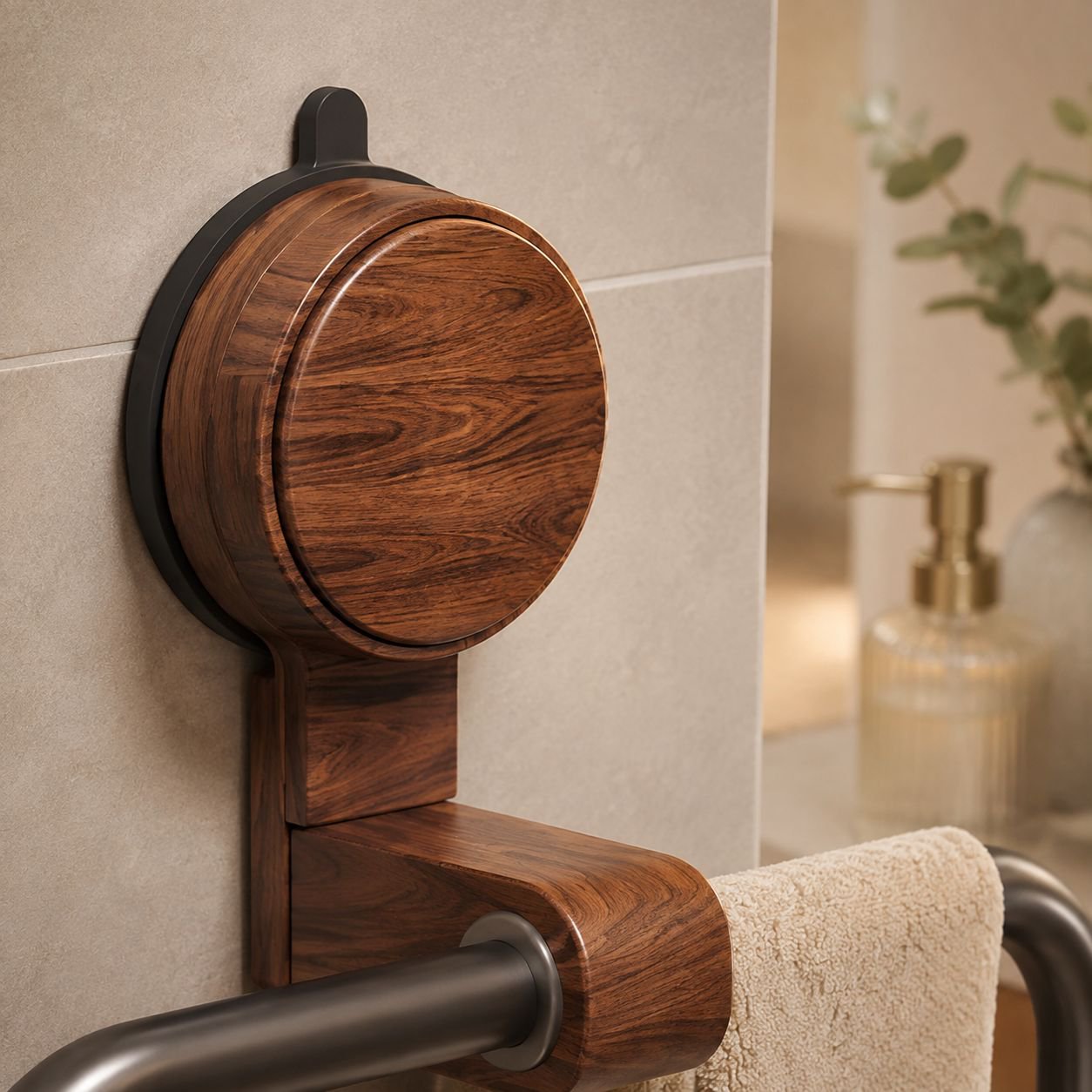 Elegant walnut wood towel hanger in modern bathroom