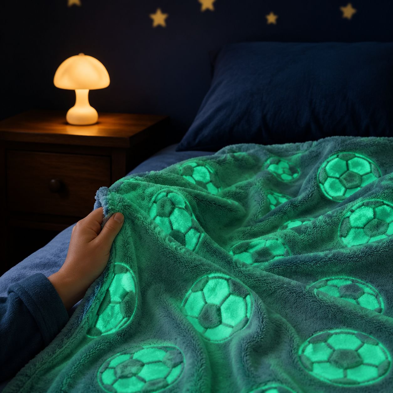 Cozy soccer blanket with luminous soccer ball patterns