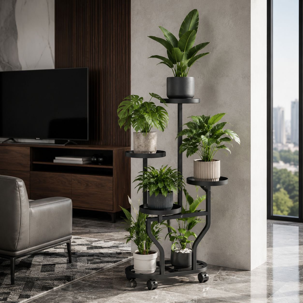 Movable plant rack with wheels for home decoration