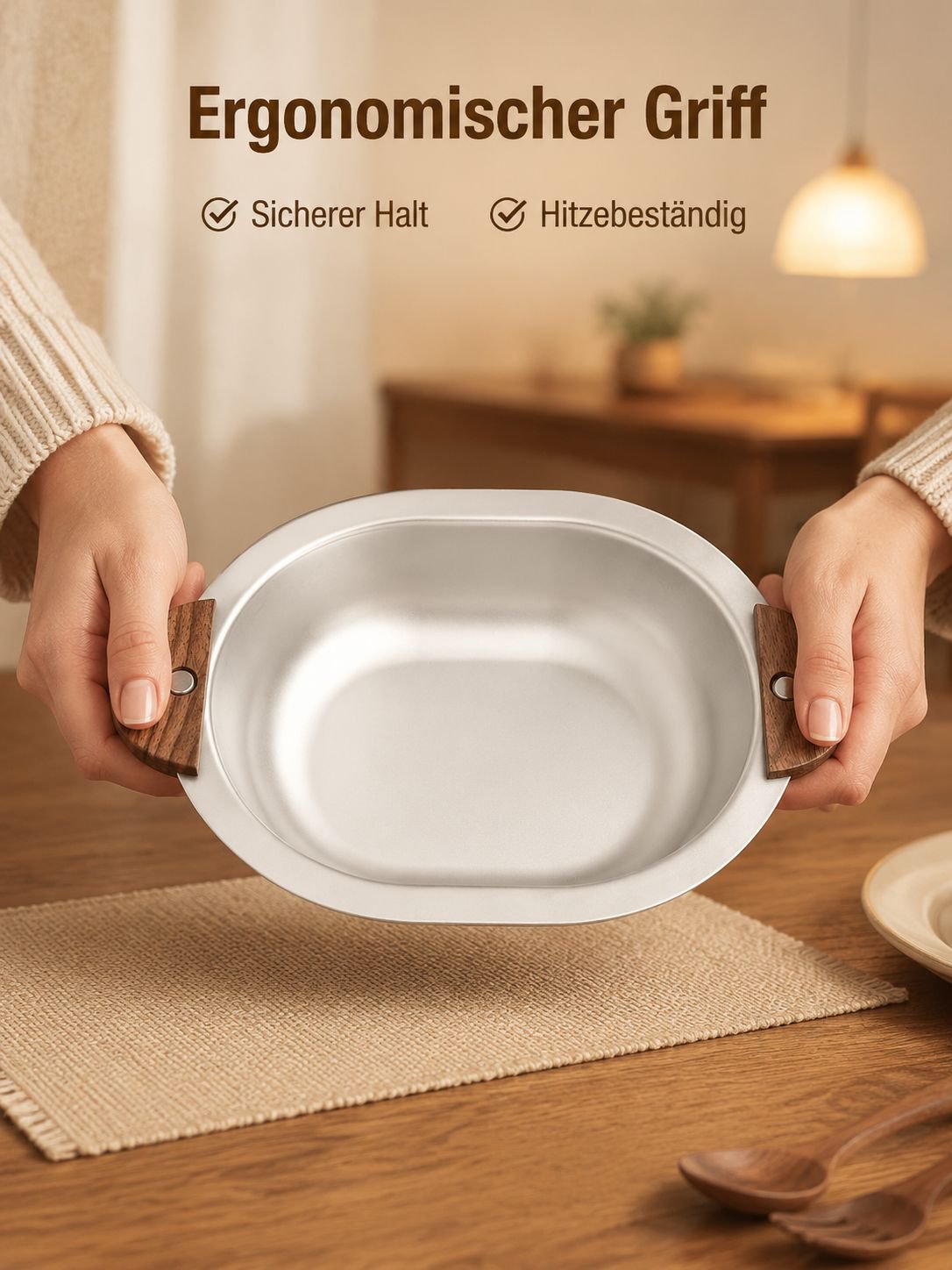 Salatschüssel aus Edelstahl mit Walnussholzgriffen